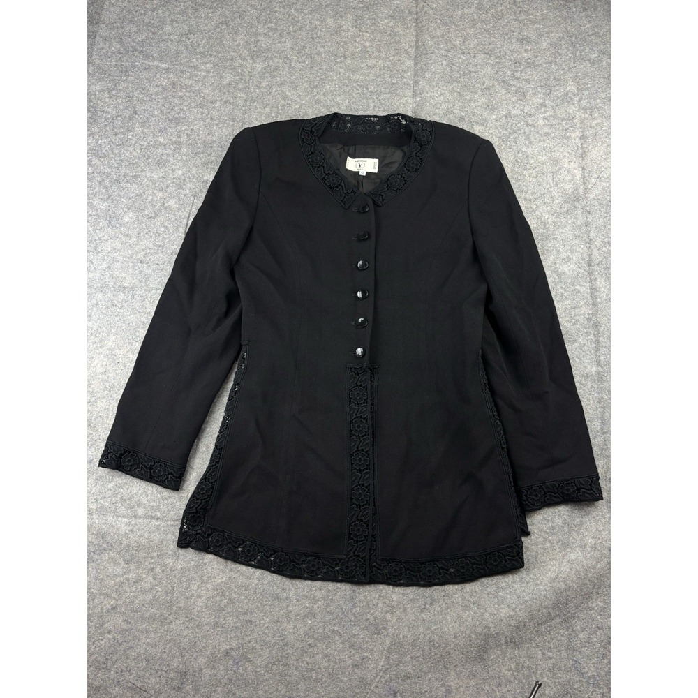 VALENTINO Miss V VTG Black Wool Lace Trim Blazer Jacket Women's 10 44 Old Money